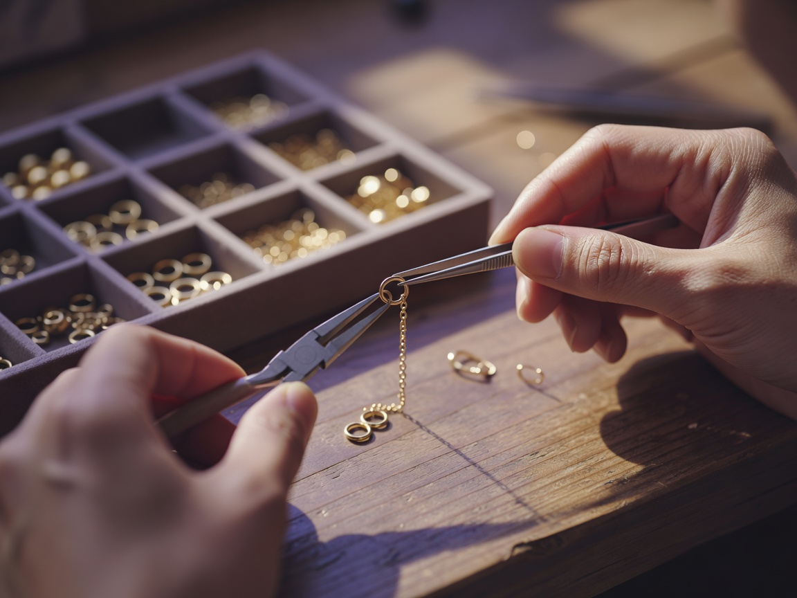 作業机に並ぶ制作途中のピアスと金具・工具