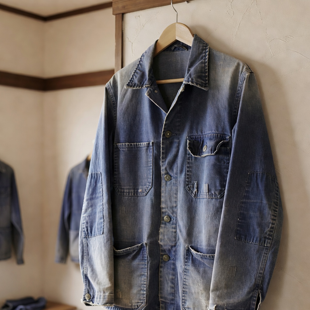 フレンチワークジャケット（bleu de travail）ー 1950〜60年代、フランスの職人が着ていた仕事着。褪せたインディゴと直したあとの残る一枚を選んでいます。当店の顔です