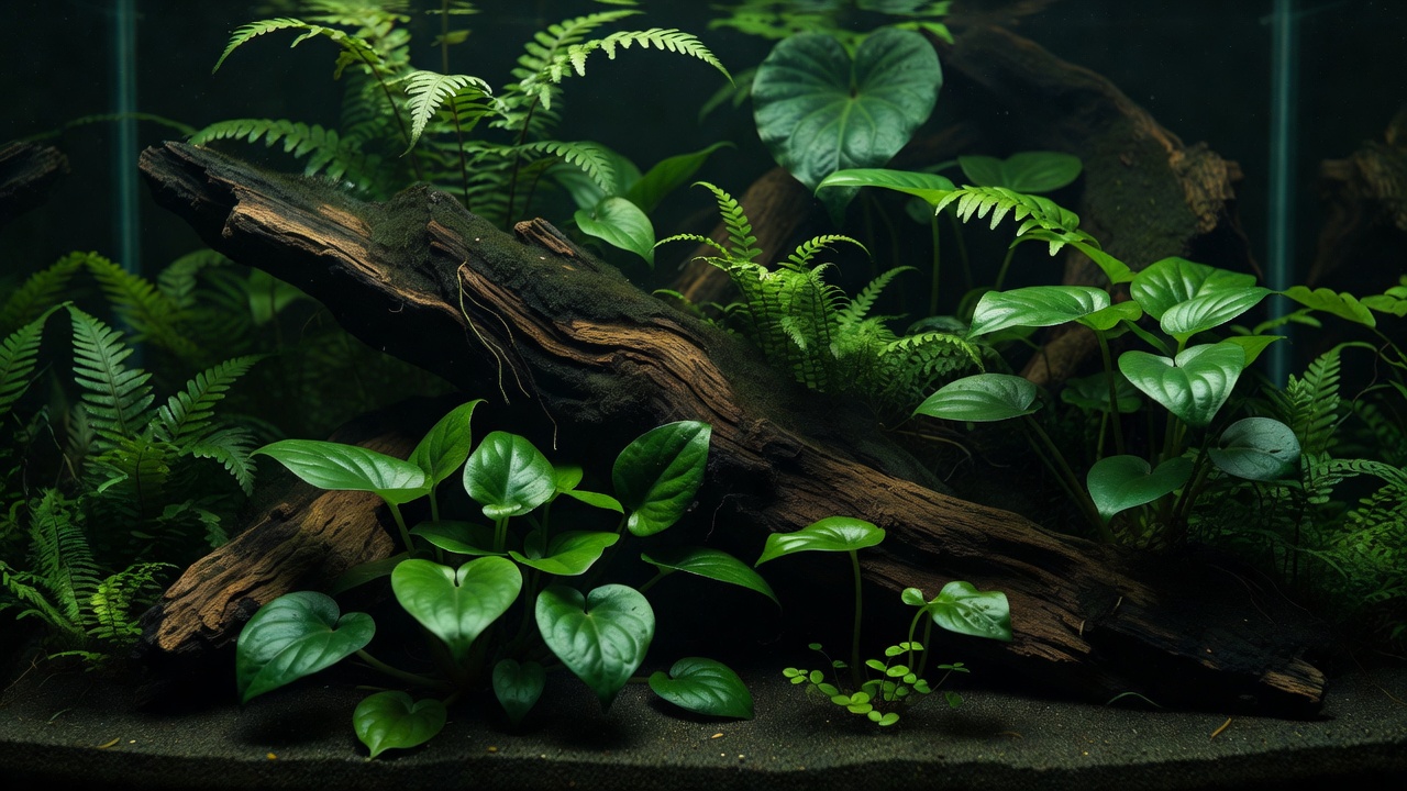 陰性水草のみで組んだ流木レイアウト。アヌビアス・ナナとミクロソリウムで管理を楽にした一本