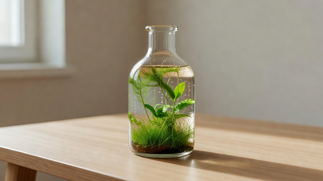 ボトルアクアの小作品。照明とCO2なしでも維持できる、卓上向けの水草ボトル