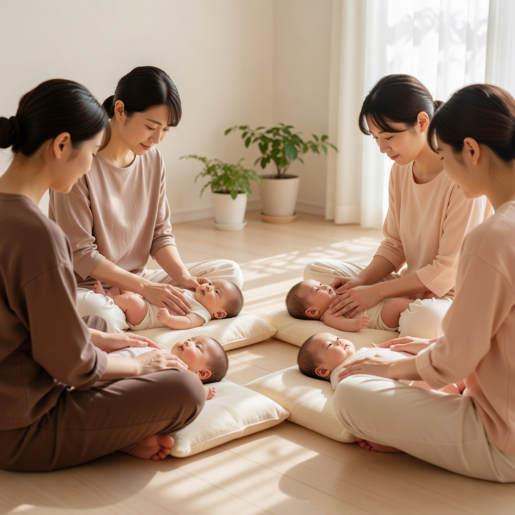 ふれあいのレッスン風景 ー 木もれ日の入る部屋で、お母さんの手のひらから赤ちゃんへ。まあるく輪になって、みんなで一緒に