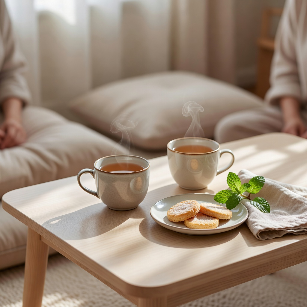 レッスンのあとのティータイム ー ノンカフェインのお茶を片手に、月齢の近いお母さん同士でおしゃべりを