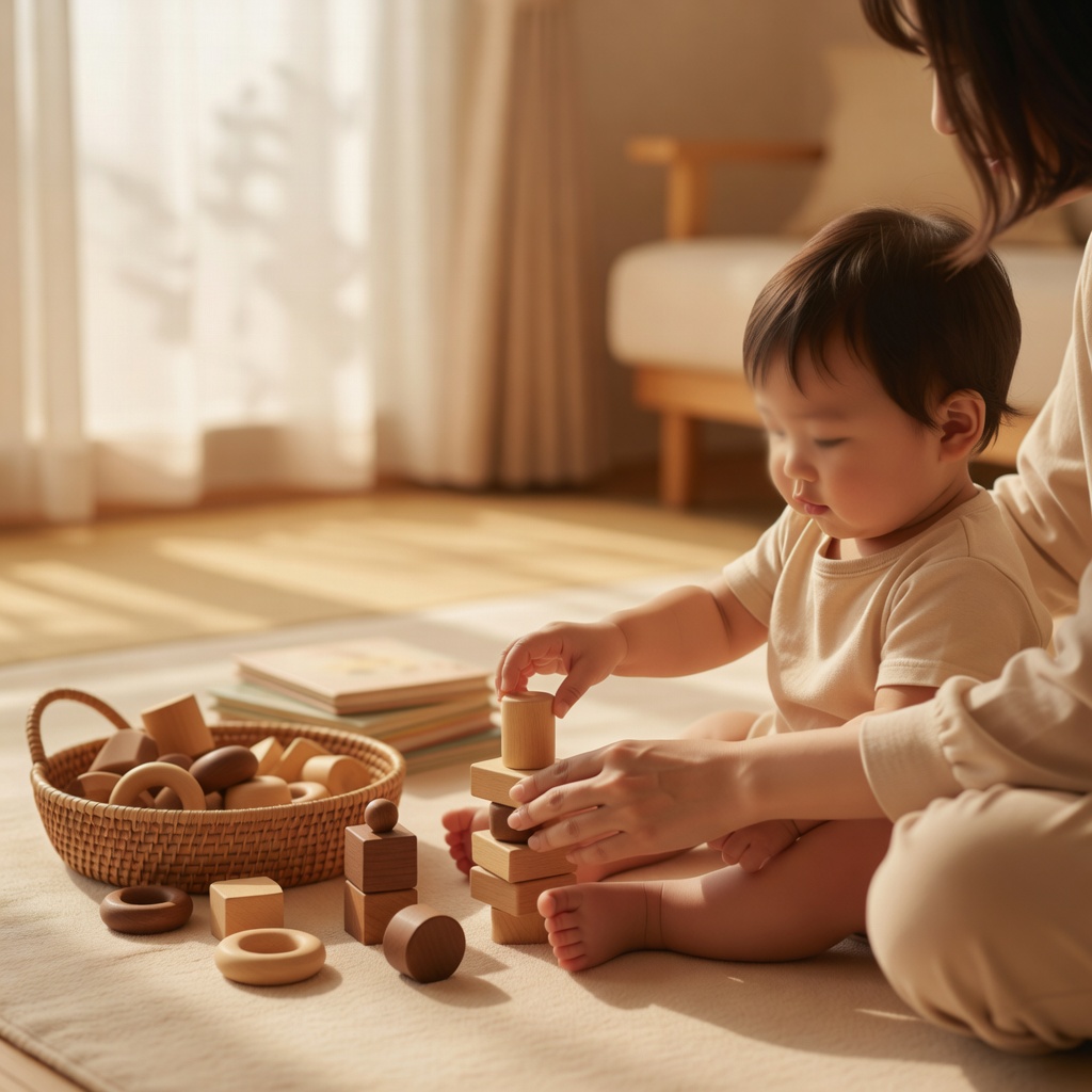 おうちでの見守り保育 ー 使い慣れたリビングで、木のおもちゃと一緒に床遊びを。いつもの場所・いつものおもちゃだから、お子さんもすぐに笑顔になります