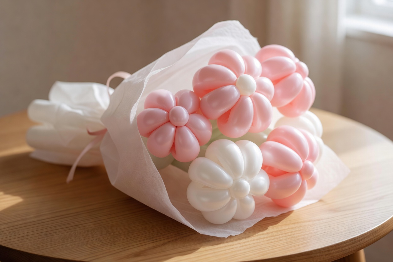 花のかたちにひねったフラワーバルーンを花束のように束ねた卓上ブーケ