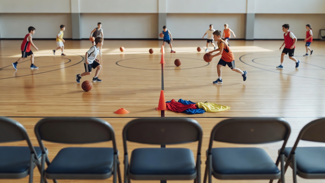 体験会＆保護者見学 ー 見学スペースからいつでもコートが見えます。初めての子には最初にコーチが横につき、ビブスとボールはこちらで用意します