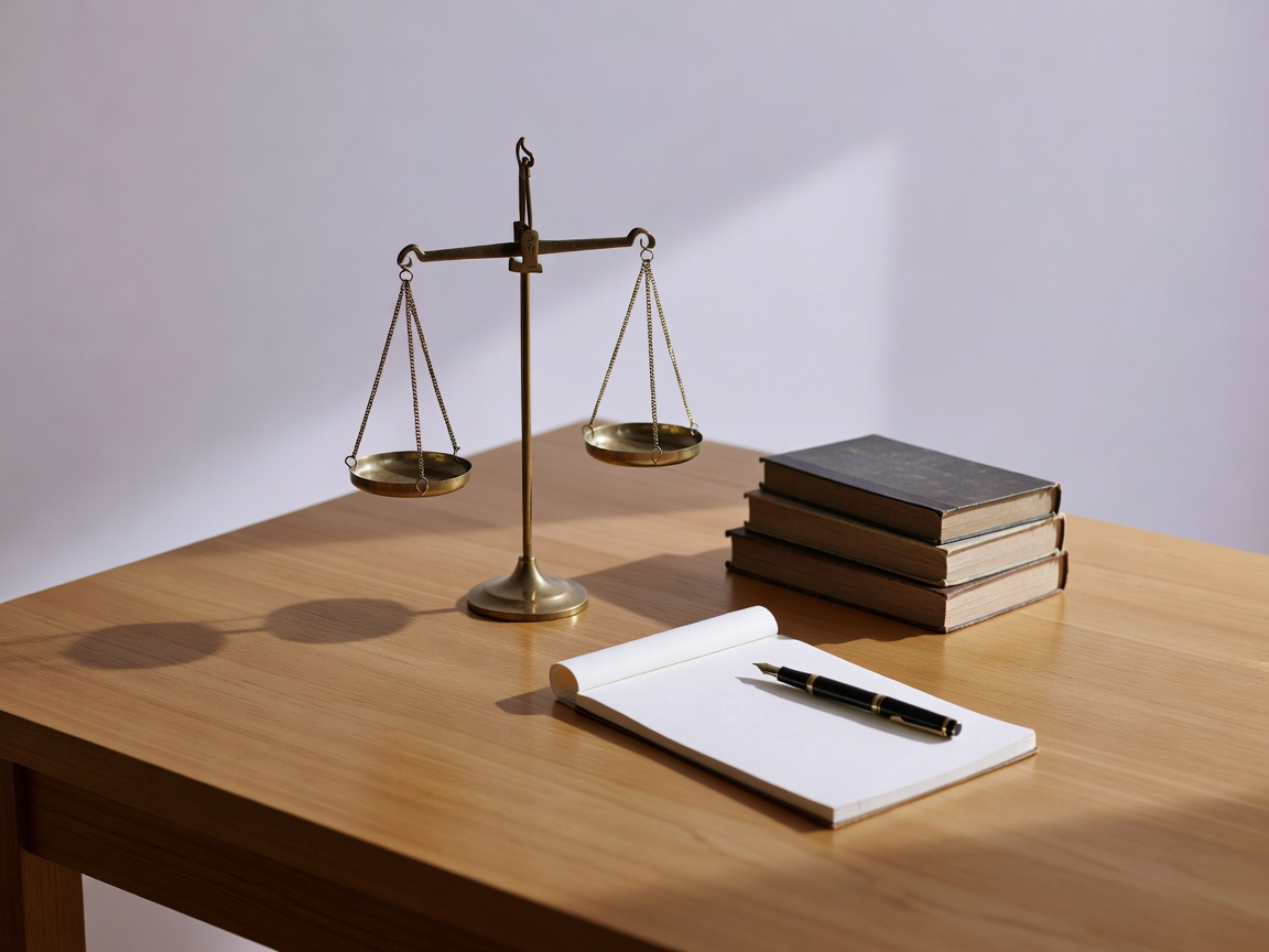 法律書と資料が整然と並ぶ、静かで誠実な法律事務所の応接室