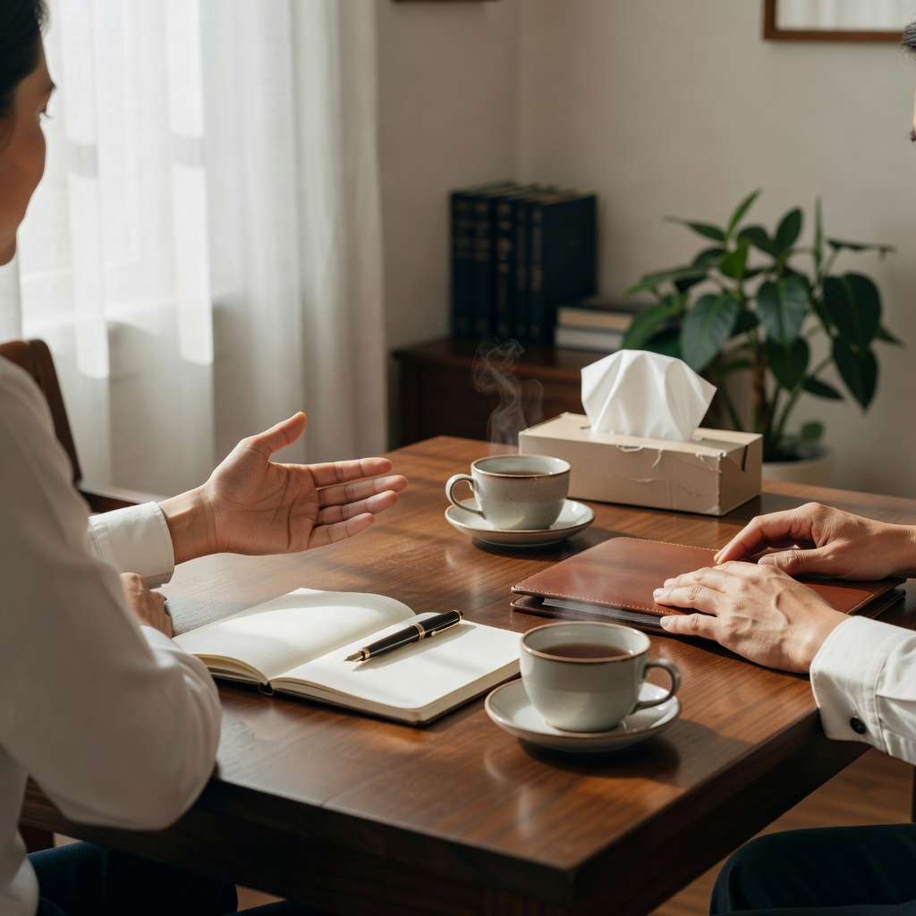 ご相談の風景 ー 面談は、いつもこの部屋で。お茶を一杯おいて、あなたのペースで。専門用語は使いません。急かしも、脅しもしません。