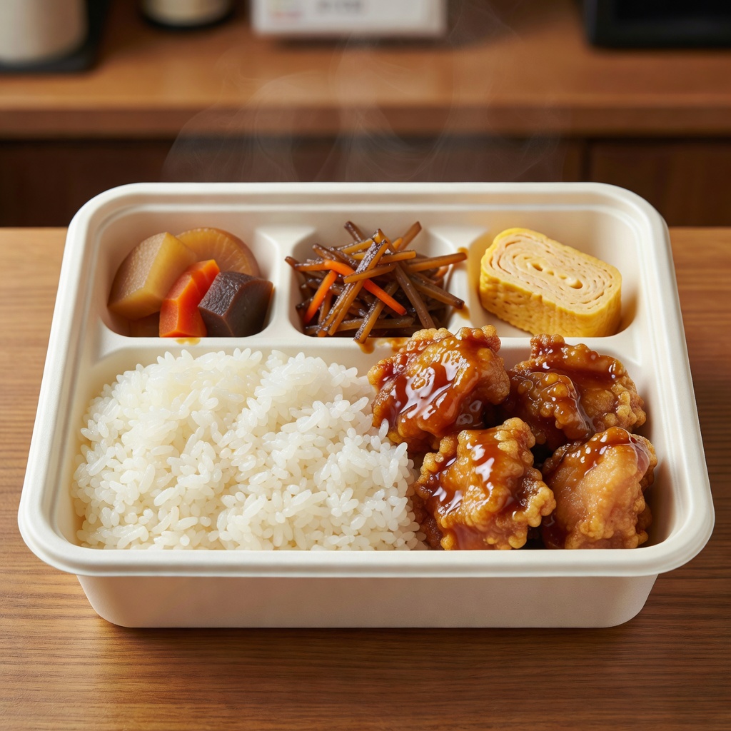日替わり弁当 ー 店の顔。主菜ひとつに、煮物・きんぴら・卵焼きの小鉢を三つ。写真は鶏の南蛮漬け弁当。中身は毎朝Instagramとページでお知らせします