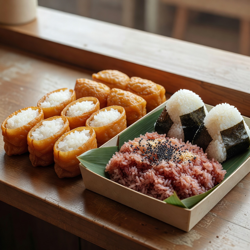 いなり寿司・お赤飯・おにぎり ー 行事の日の、うちの定番。お赤飯は入学・お祝いに、いなりは行楽やまとめ注文に。前日までのご予約が確実です