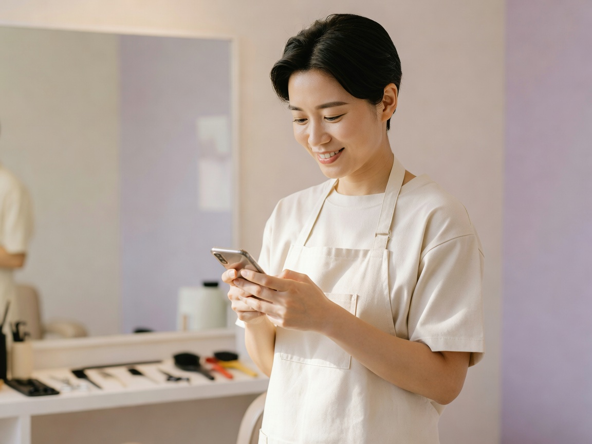 仕上がりを鏡で見て笑顔になるお客様の表情