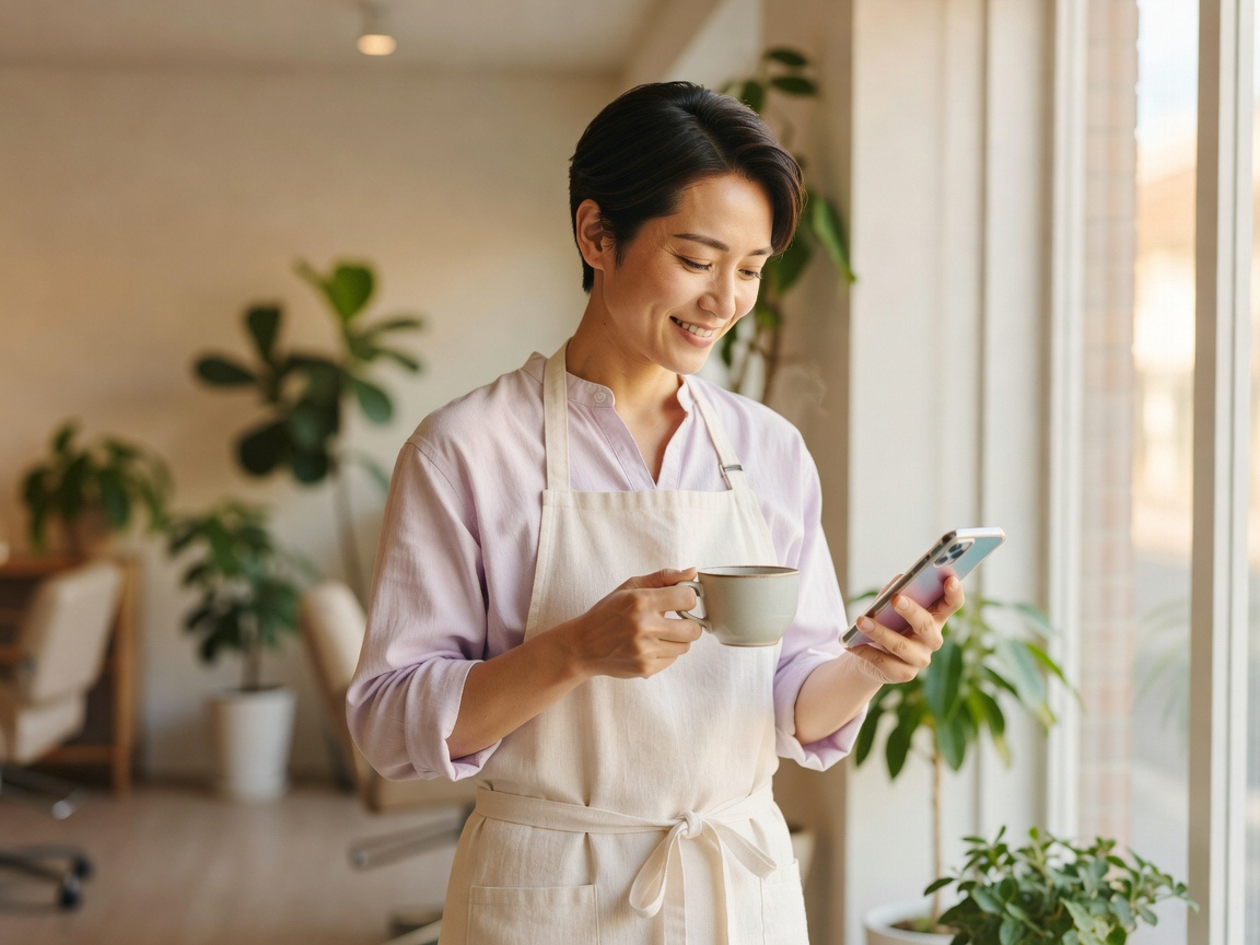 仕上がりを鏡で見て笑顔になるお客様と寄り添うスタイリスト
