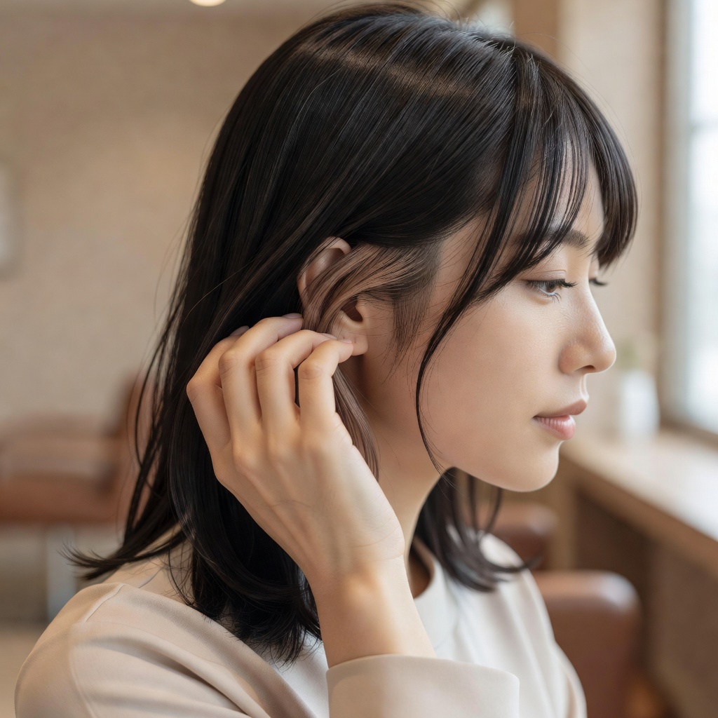イヤリングカラー × 大人のインナー ー 耳にかけた時だけのぞく、控えめな遊び。オフィスでも浮かない、さりげない差し色