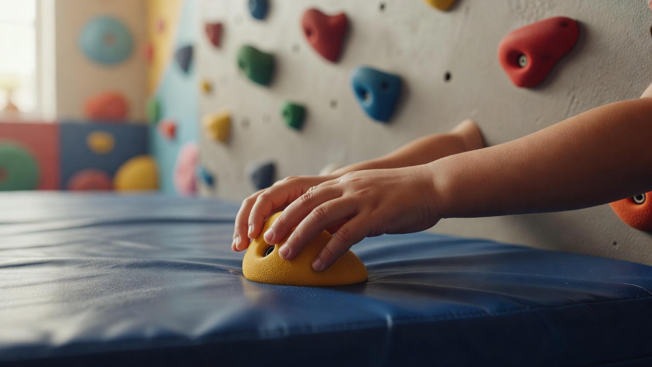 キッズ・親子クライミング ー 低い位置に子ども向けの課題を用意。親子で同じ壁に挑戦できます。遊びの中で自然と体の使い方と集中力が育ちます（保護者の同意のうえ掲載）