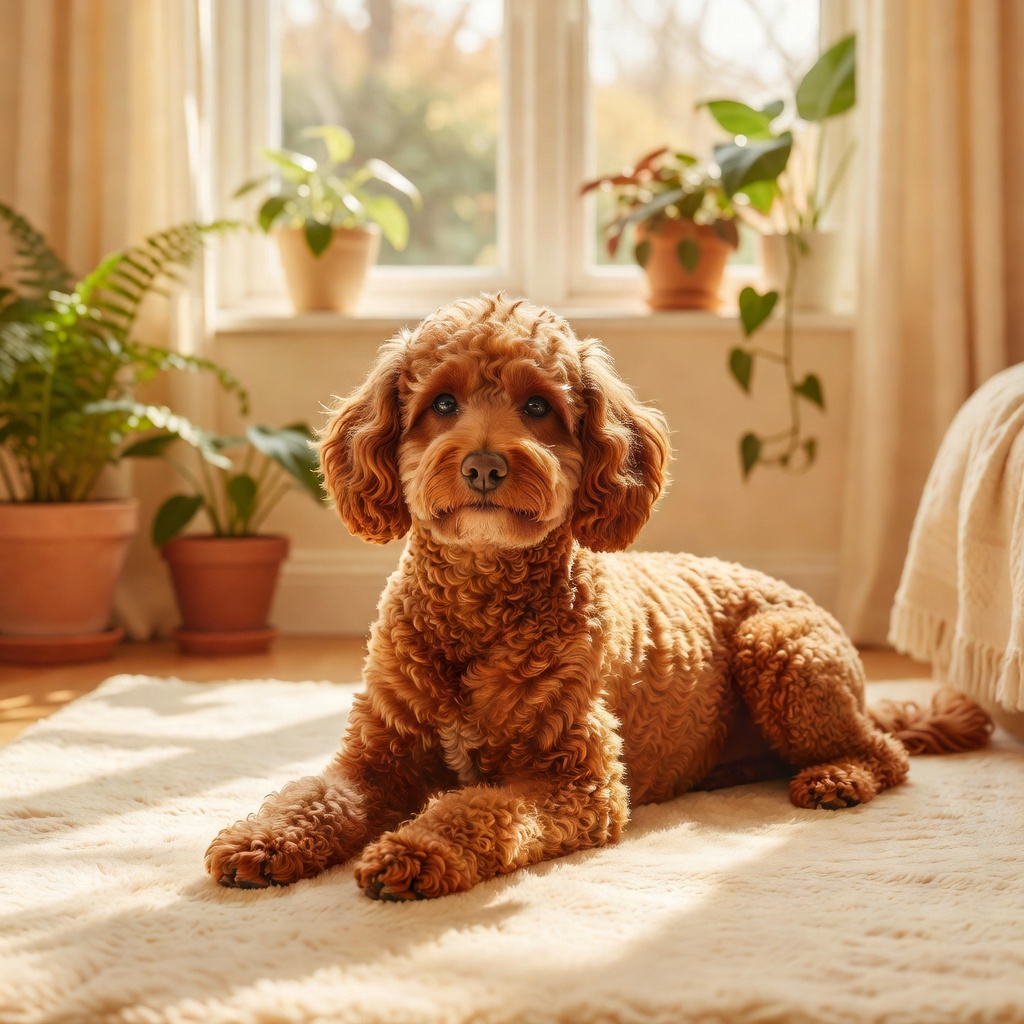 母犬 こむぎ ー レッドの母。おっとりして子育て上手。股関節・膝・遺伝性疾患の検査済みで、無理のない回数だけ出産しています