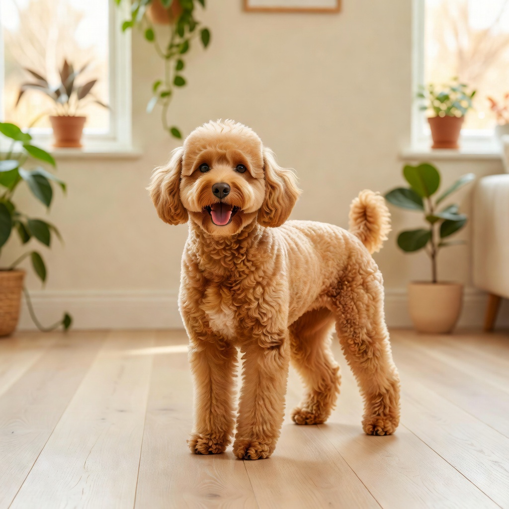 父犬 きなこ ー 骨格の良いアプリコット。人にも犬にもフレンドリーな性格が、子たちにそのまま受け継がれます