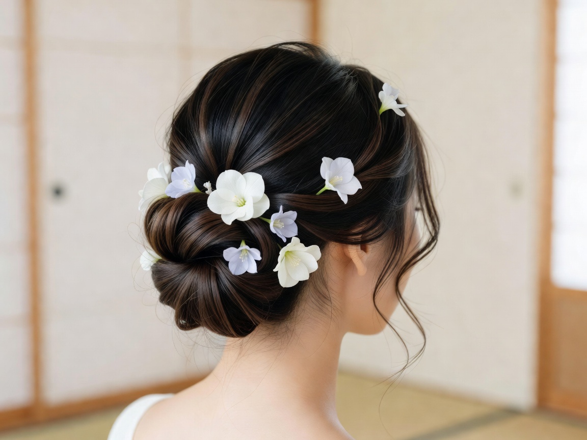 洋髪シニヨンにティアラを合わせたウェディングドレスの花嫁のヘアメイク