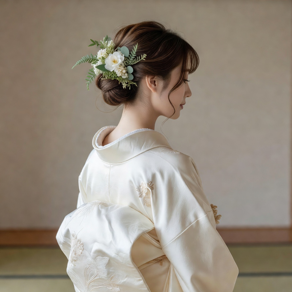 白無垢 × 洋髪 低めシニヨン 生花あしらい / 神前式