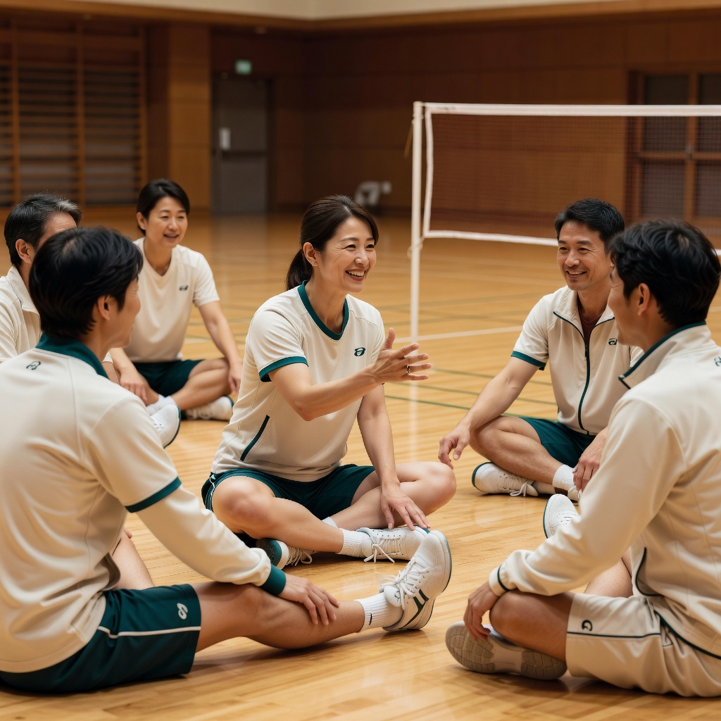 19時、今池の体育館に集合 ー みんなでネットを張って、輪になって準備運動。初参加の方はここで名前を呼びます。ひとりで来ても、必ず誰かが隣にいます
