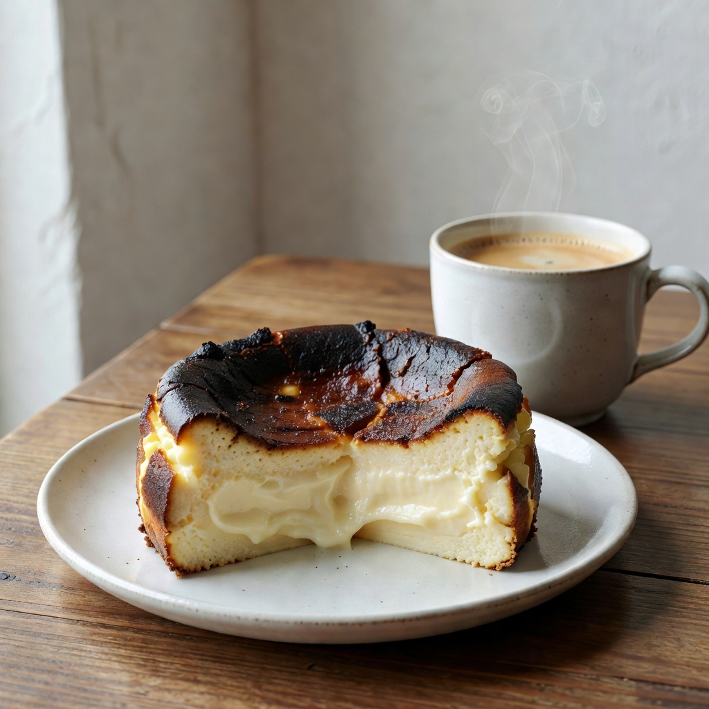 バスクチーズケーキ ー 表面はほろ苦く、中はとろり。浅煎りの明るい酸と合わせる定番