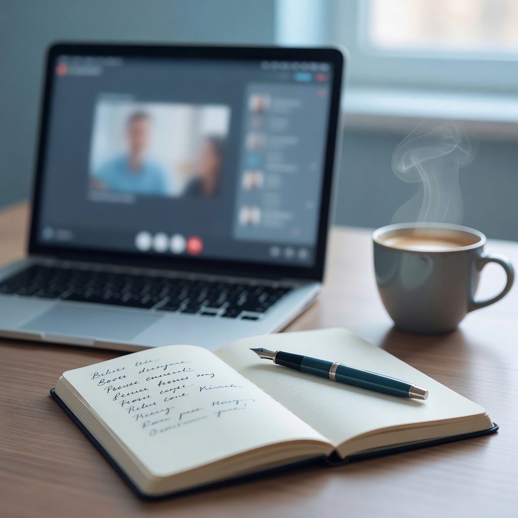 オンラインセッションの朝。ノートPC越しに、まず『今日いちばん話したいこと』を一緒に決めます。転職するか迷っていた方が、3ヶ月後には複業という第三の選択に自分でたどり着いた——答えを出したのは、いつもご本人です。（守秘のため画面は伏せています）