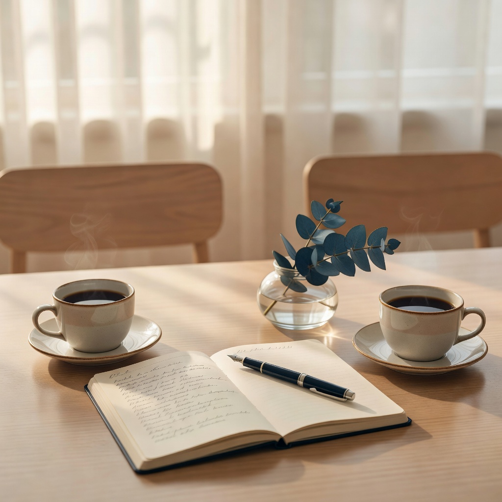 対面セッションの机（蔵前）。二客のコーヒーと、書き込みだらけのノート。オンラインが9割ですが、『節目の一回だけは会って話したい』という方のために、この静かな部屋を用意しています。