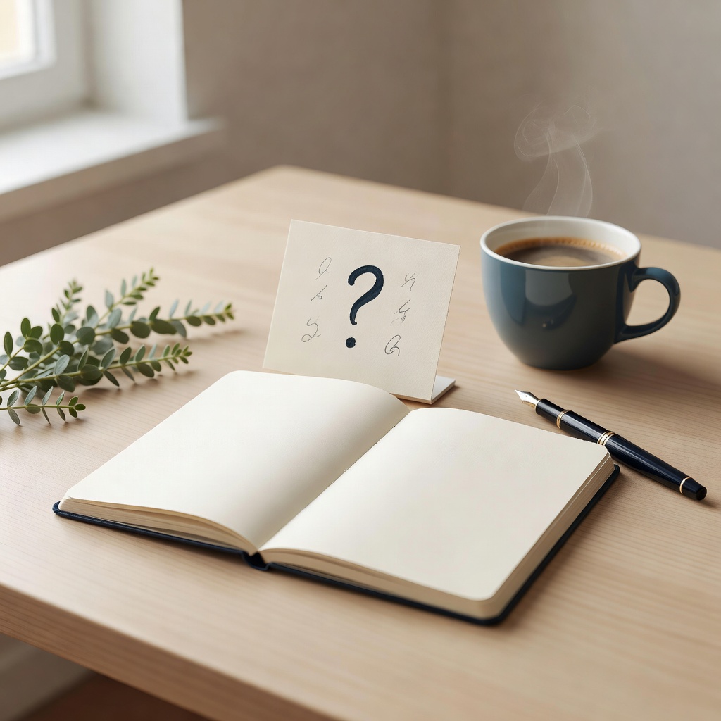 無料相談の入口。まっさらなノートと、その日の問いを書いた一枚のカード。『何から話せばいいか分からない』で大丈夫。その『分からない』を、ほどくところから始めます。