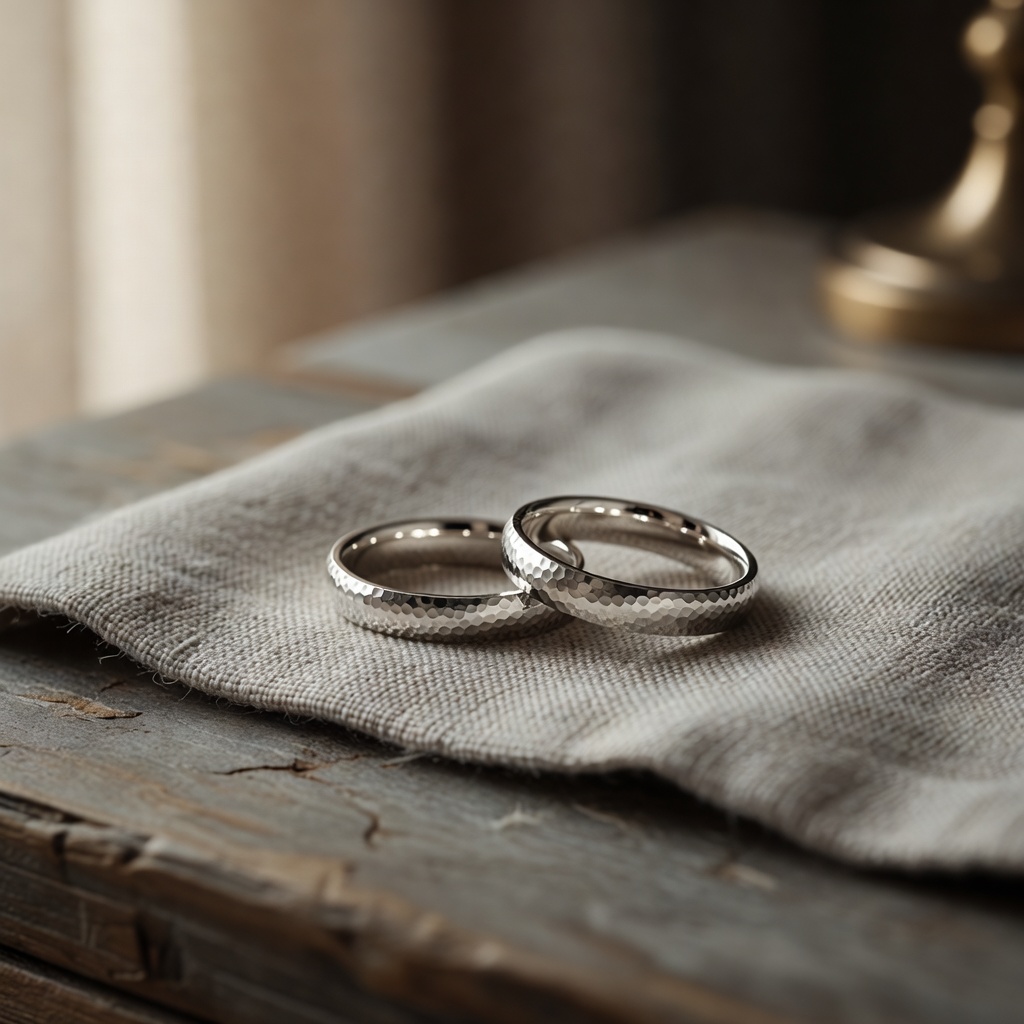 手作り結婚指輪ペア（プラチナ・槌目）。おふたりで交互に打った跡を、そのまま残して。