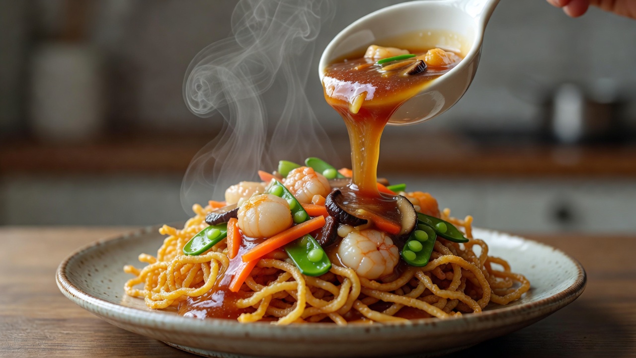 パリッと焼いた麺にとろみをからめる、五目あんかけ焼きそば