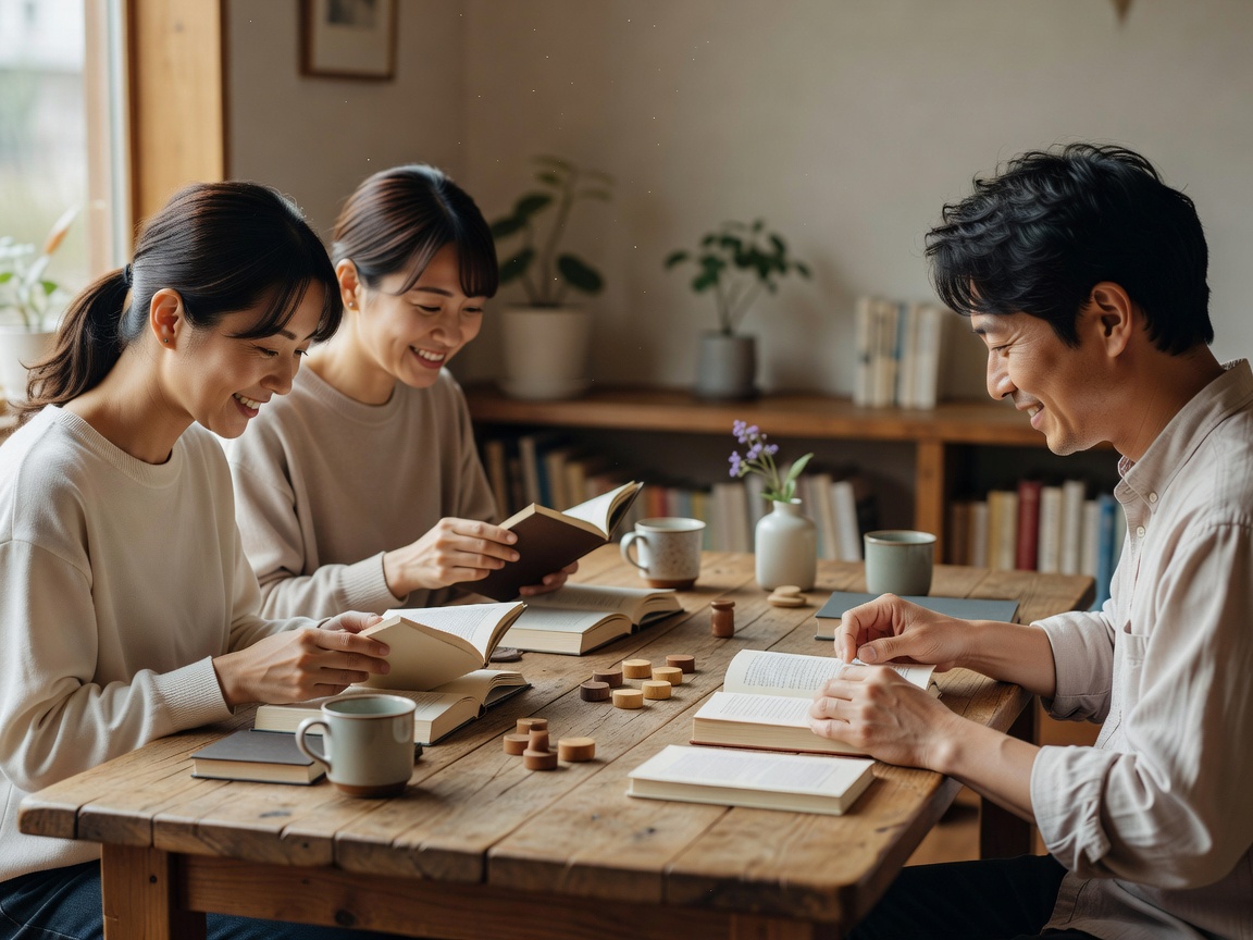 テーブルを囲んで語り合う読書会のメンバーたち