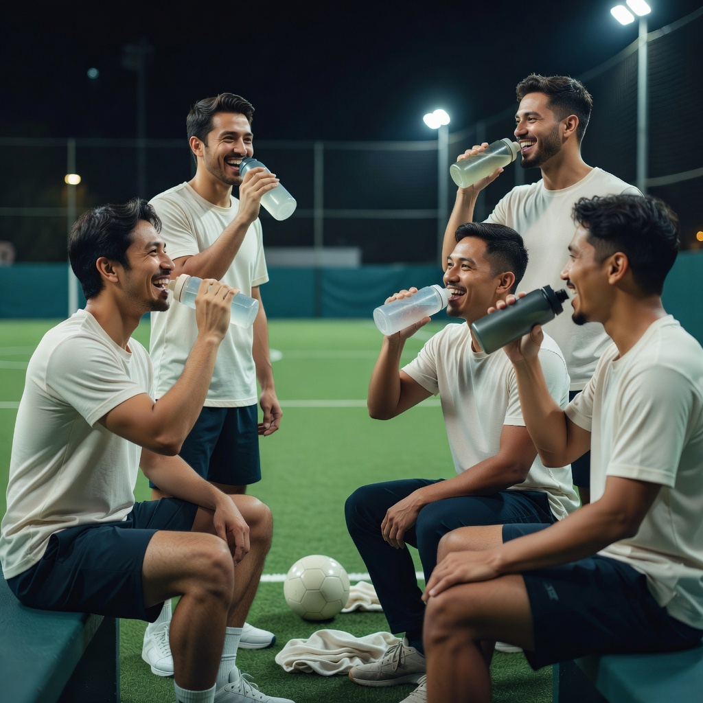 ハーフタイムの給水タイム ー 試合の合間はコートサイドでひと息。ここで会話が生まれます。20代から30代が中心、男女比はおよそ6:4。仕事も出身もバラバラの人が、水曜だけ集まっています。