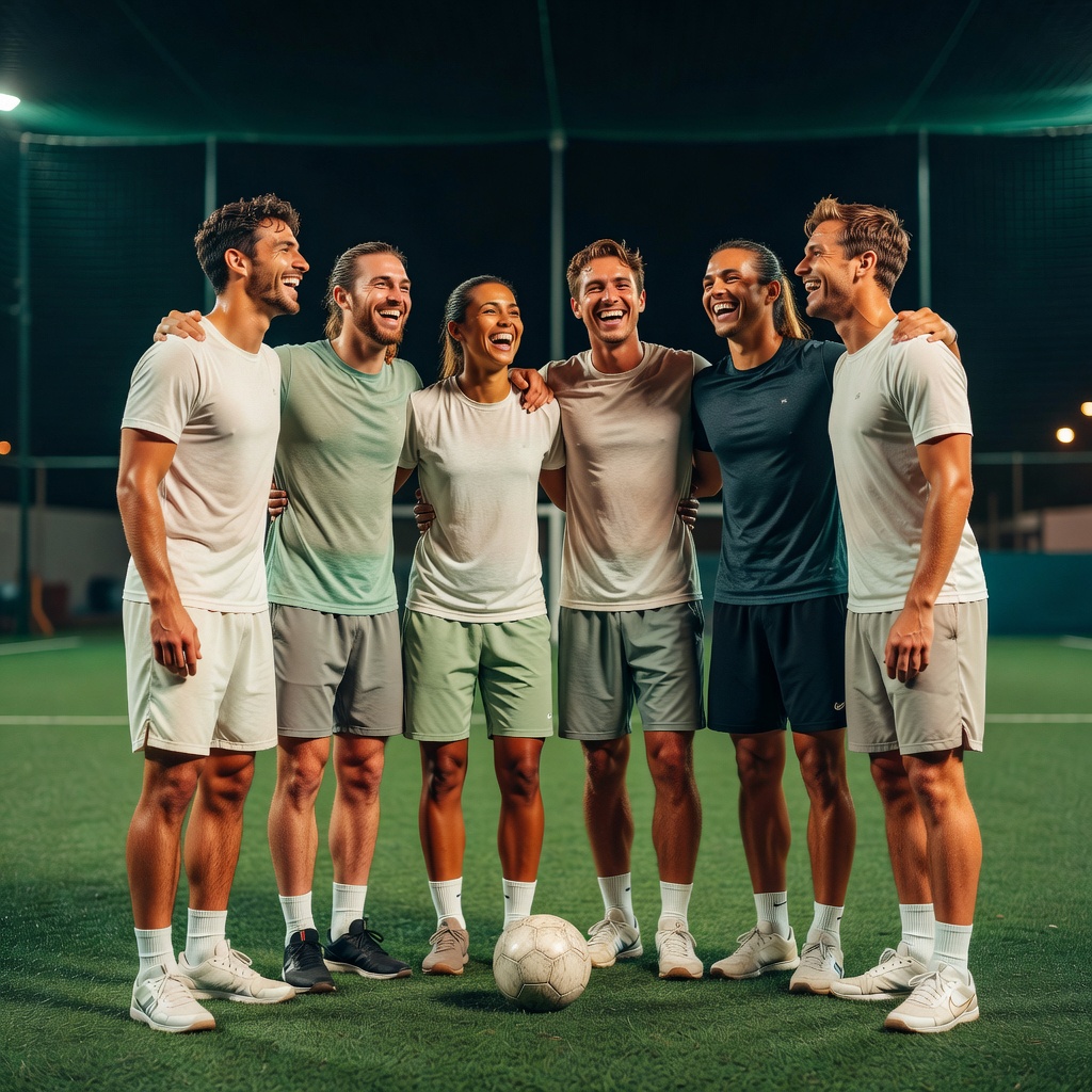 試合後の集合写真 ー 汗だくで一枚。年に数回は他サークルとの交流試合や、区民大会にもチームで出場します（写真はご本人同意のうえ掲載）。勝っても負けても、この後のご飯がいちばん盛り上がります。