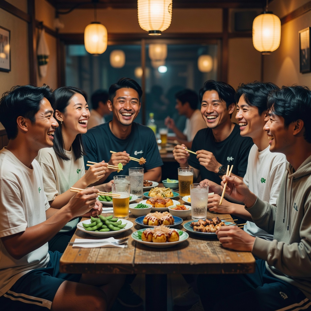 月イチのごはん会（自由参加） ー コートの後、近くの居酒屋で軽く打ち上げ。お酒は飲んでも飲まなくてもOK、来ても来なくてもOK。ここで“フットサル友だち”が“ただの友だち”に変わっていきます。
