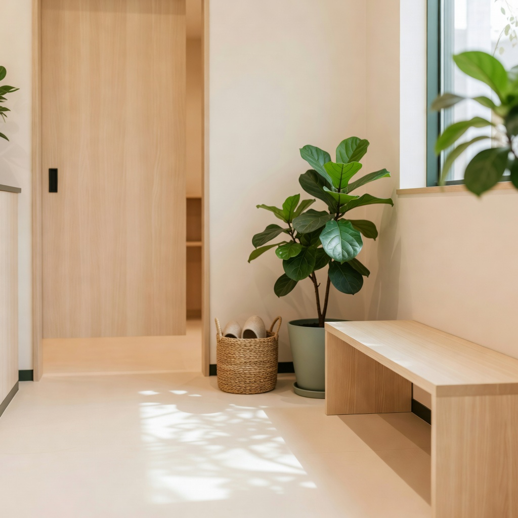 エントランス ー 白木の引き戸を入ると観葉植物とベンチ。ベビーカーも車いすもそのまま入れます