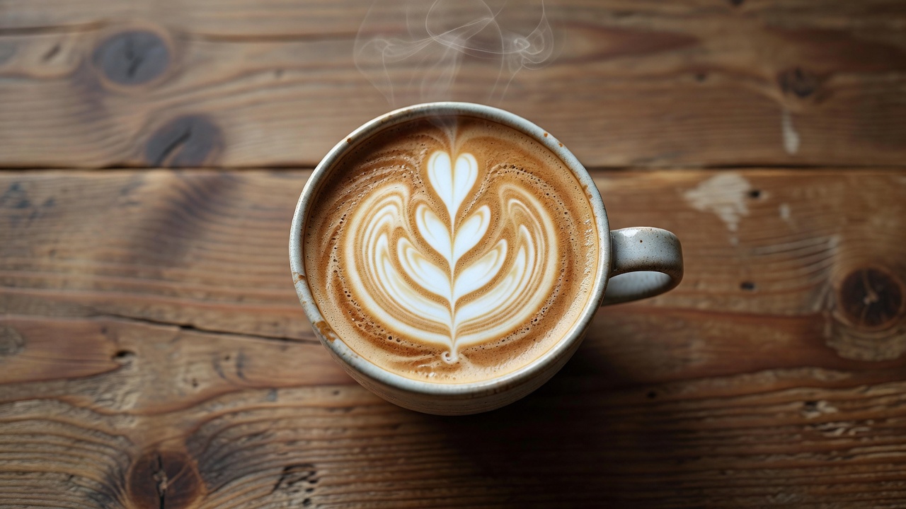 ミルクを注いで葉の形を描く、カフェラテのラテアート