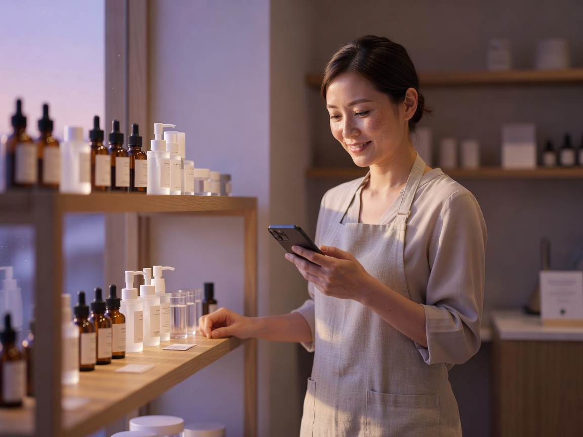 ラッピングした化粧品ギフトを受け取り微笑むお客様