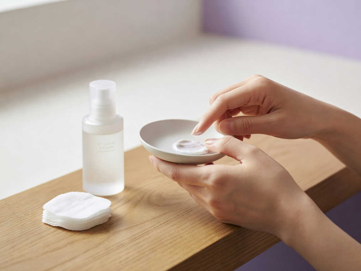 木の棚に並ぶセレクトコスメと化粧水のボトル
