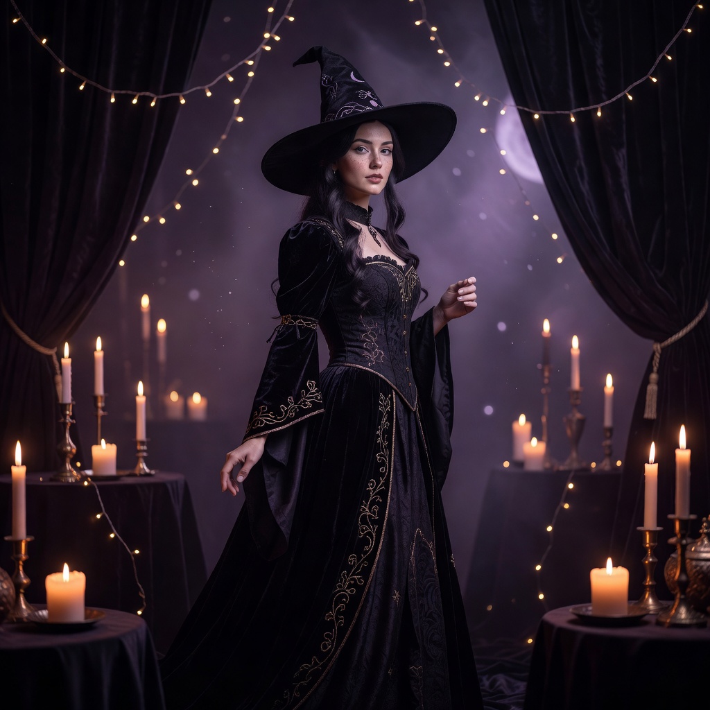 季節企画・ハロウィンナイト撮影。年に一度、夜のスタジオをキャンドルとライトで飾る特別回。幻想的な灯りの中での撮影は毎回すぐ満席になります。夏はプールサイド風セット、冬は雪・和装と、季節ごとに世界観を変えて開催しています。