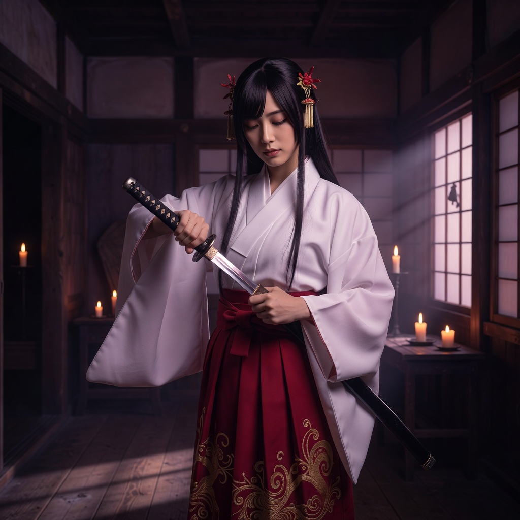 和風幻想 ー 巫女装束 ー 燭台の灯りの下、退魔の巫女が刀を納める直前。金の刺繍と緋の袴は、生地から選んで仕立てました