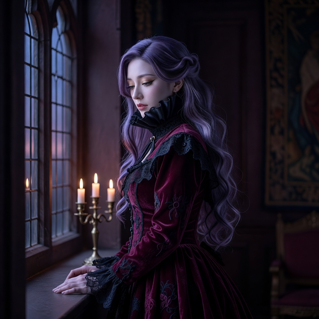 西洋ゴシック ー 吸血鬼の姫 ー 深紅のドレスと黒レース。夜明け前、最後のひと言を告げる表情を狙った耽美ポートレート