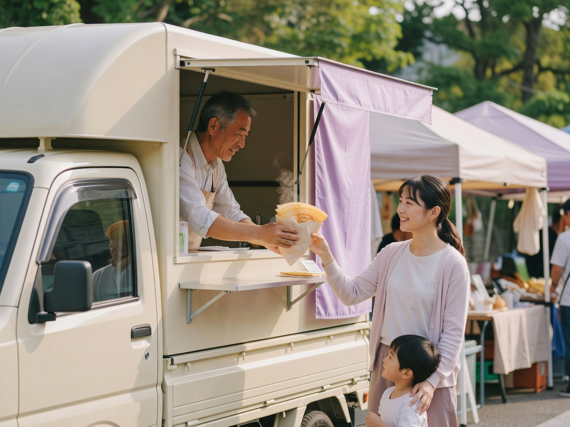 週末に営業するクレープのキッチンカーと焼き台のある店先