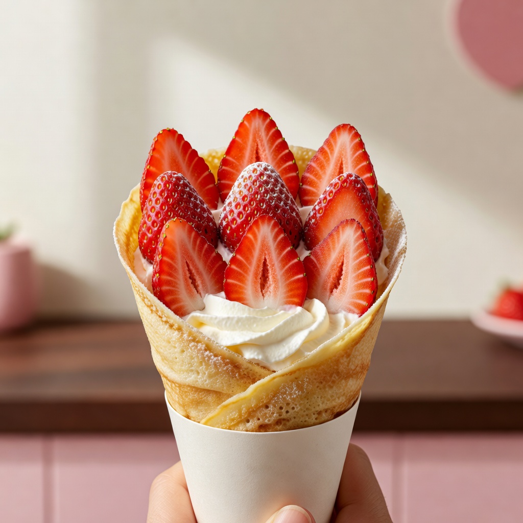 看板の「まるごといちごの断面クレープ」。いちごを立てて巻くから、どこを噛んでも果実。12〜4月がいちばん良い顔。