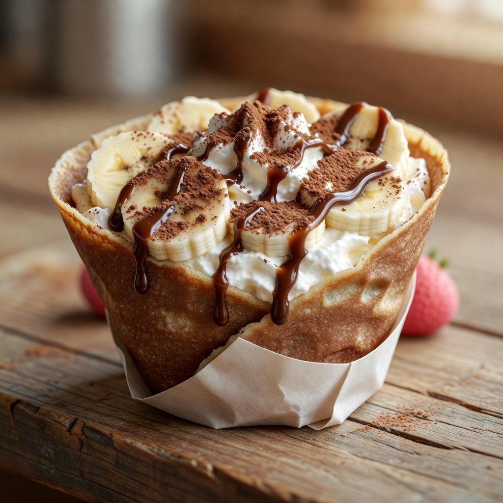 不動の一番人気「チョコバナナ生クリーム」。純生クリームとほろ苦いチョコソース、輪切りのバナナをたっぷり。