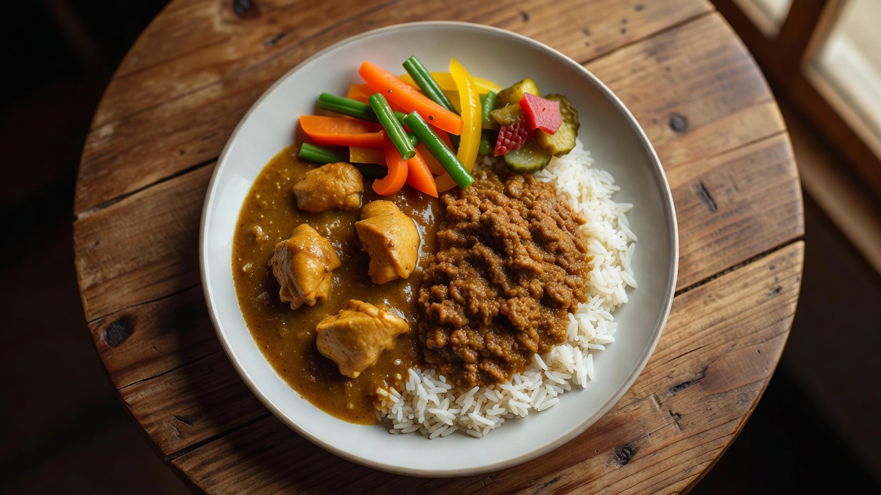 飴色の玉ねぎと十六種のスパイスで仕上げた合いがけカレーの一皿