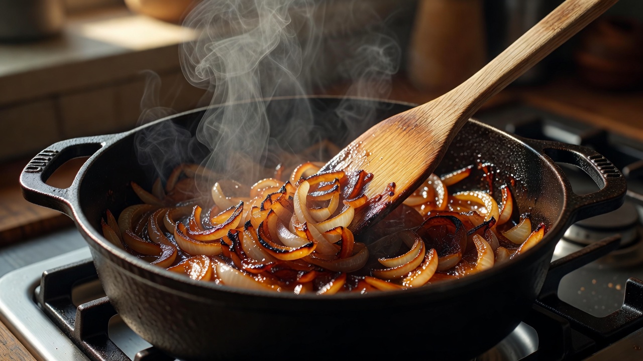 大鍋で玉ねぎを飴色になるまで炒める仕込み