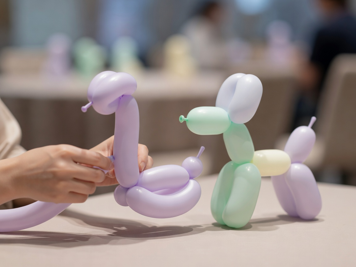 子どもに手渡す犬や剣のバルーンアート作品の並び
