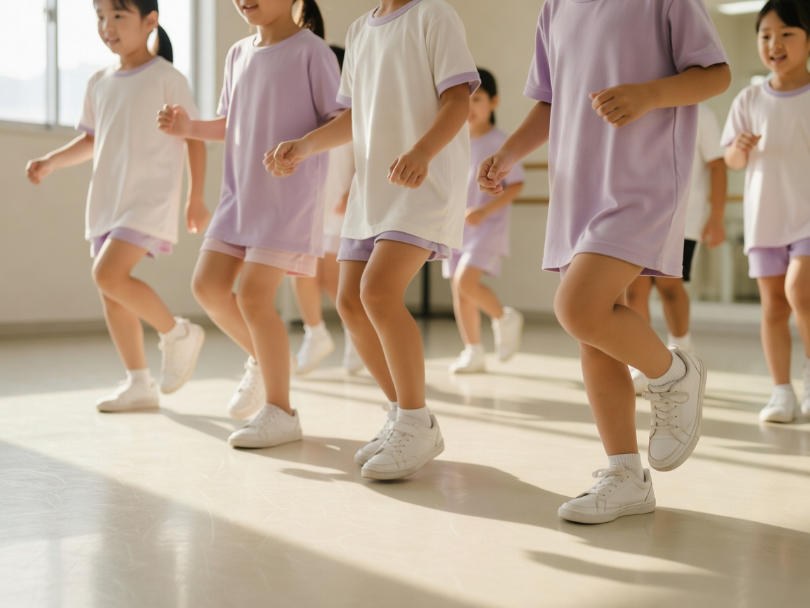 レッスンスタジオの鏡の前で講師の振付に合わせて踊るキッズクラスの生徒たち