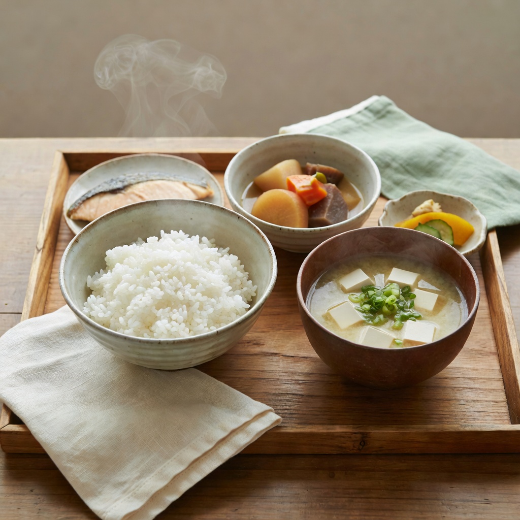 手づくりの昼食。厨房でその日に炊く、湯気のあるごはんを