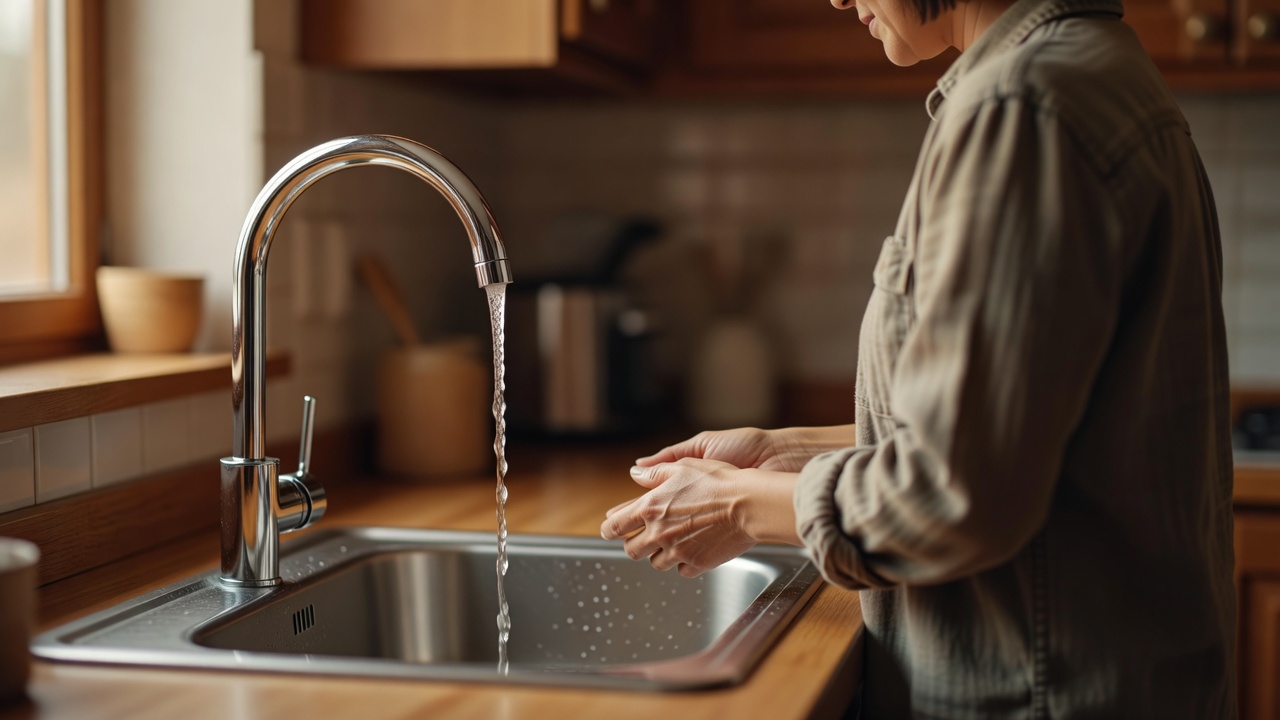屋外で給水管の継手を締める工具と掘り出された配管