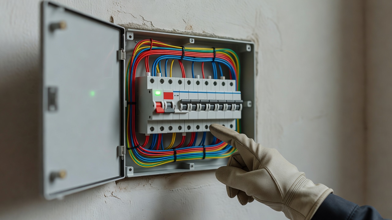 分電盤を開けて漏電遮断器の配線を確認する作業員の手元