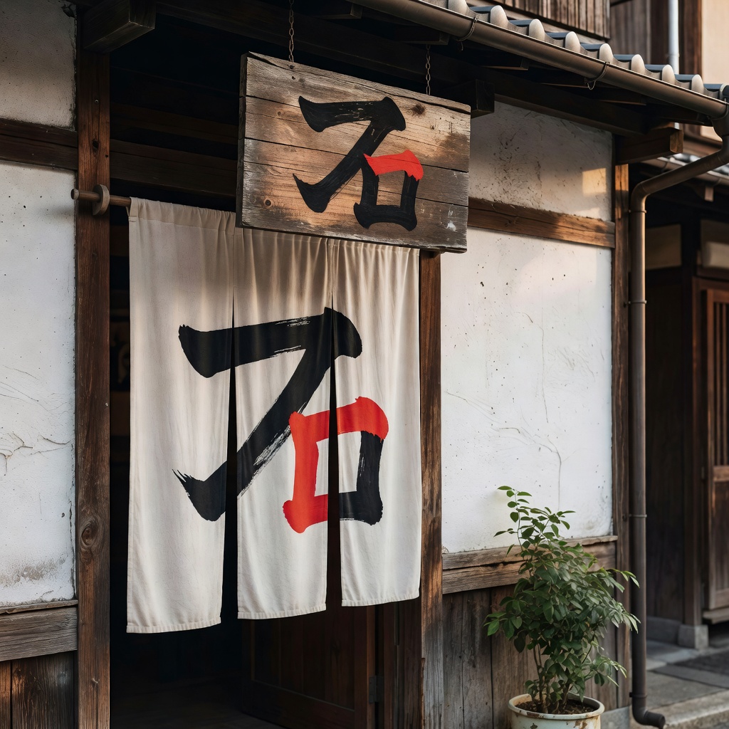 看板・のれん ー 路地奥の小さな一軒に。ロゴと同じ手で、実際の店先まで。ここまで揃えると、店の空気がひとつになる。